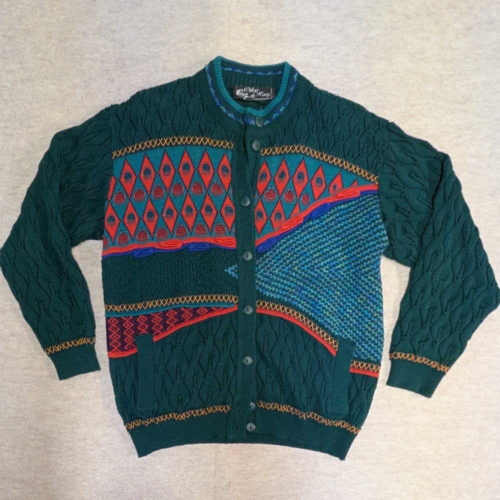 Vintage Oskar Haug Multicolor Green Knit Cardigan Wool Blend Irish Textured Larg